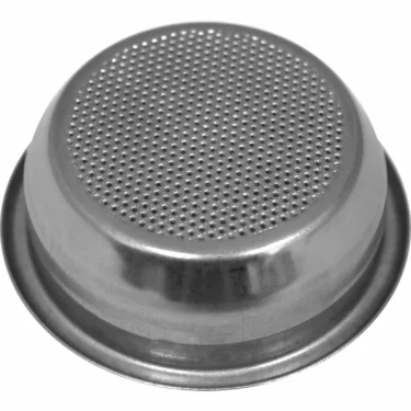 A close-up of the Lelit MC754/2 58mm 2-Cup Filter Basket (16-18g) for espresso machines, featuring many small holes on a flat surface with a raised rim, compatible with models like the Lelit MC754/2. © 2025 1st-line.com