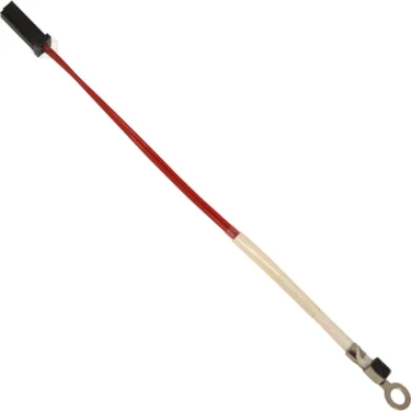 The Lelit MC741 NTC Sensor / Probe is a thin red wire with a black connector on one end, a metal ring terminal on the other, and a white protective sleeve—perfect for use in Lelit MC741 machines. © 2025 1st-line.com