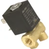 The Lelit MC744/110 2-Way Solenoid Valve has a brass body, black electrical coil, labeled product plate with specifications, and a threaded opening for easy pipe attachment. © 2025 1st-line.com