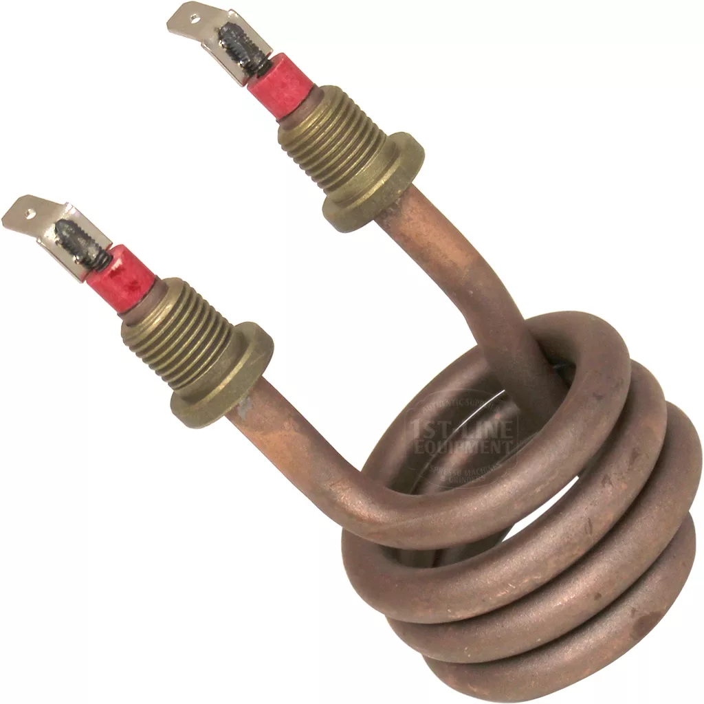 The Lelit MC752/11/110 Heating Element is a coiled copper unit with two threaded terminals and metal connectors, rated at 110V, 1100W, ideal for electrical heating applications. © 2025 1st-line.com