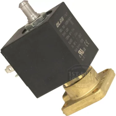 The Lelit MC755/110 Solenoid Valve - 110V features a black, square coil on top and a flanged brass base, shown angled against a white background. © 2025 1st-line.com