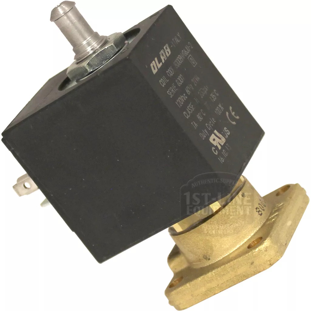 The Lelit MC755/110 Solenoid Valve - 110V features a black, square coil on top and a flanged brass base, shown angled against a white background. © 2025 1st-line.com