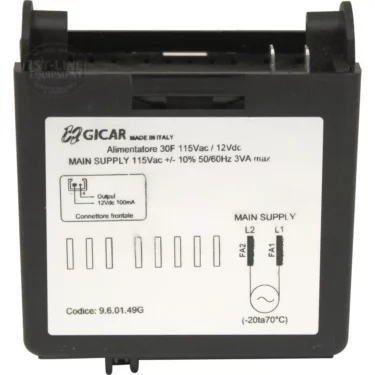 A black Gicar electronic component, the Lelit 9600024 Brain Unit (Gicar 9.6.01.49G, 115V), labeled Alimentatore 30F 115Vac / 12Vdc, features wiring diagrams, technical details, and connector points on its white front label. © 2025 1st-line.com