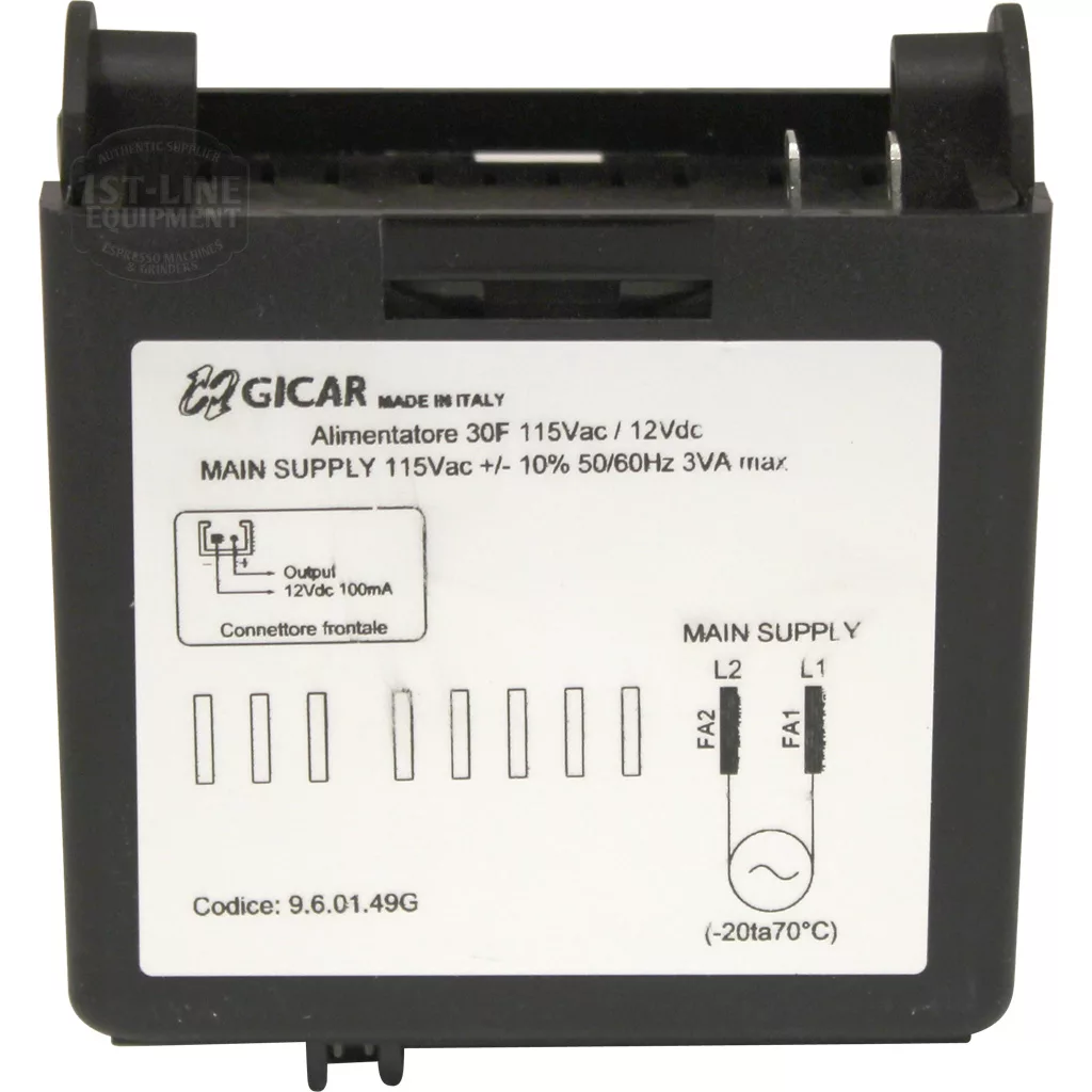 A black Gicar electronic component, the Lelit 9600024 Brain Unit (Gicar 9.6.01.49G, 115V), labeled Alimentatore 30F 115Vac / 12Vdc, features wiring diagrams, technical details, and connector points on its white front label. © 2025 1st-line.com