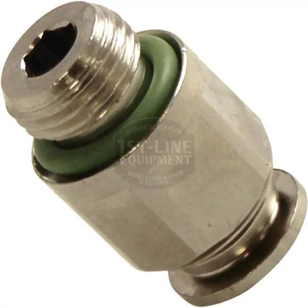 Close-up of a Lelit MC935 Quick Joint - Female, a metal automotive fuel line fitting with a threaded end, green O-ring seal, and hexagonal body for tightening. © 2025 1st-line.com