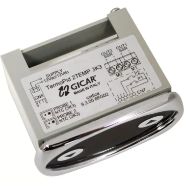 The Gicar MC9600026 PID Display - 9.3.00.88G02 for Lelit Diana includes a wiring diagram and specs on top, plus two black arrow buttons on its shiny front panel. © 2025 1st-line.com