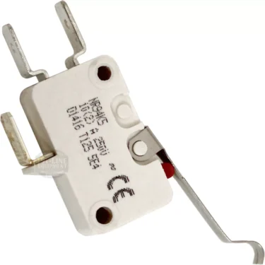 The Lelit 9600010 Water Tank Microswitch is white, features metal terminals and an extended metal lever arm, and has printed specs and certification markings on its surface. © 2025 1st-line.com