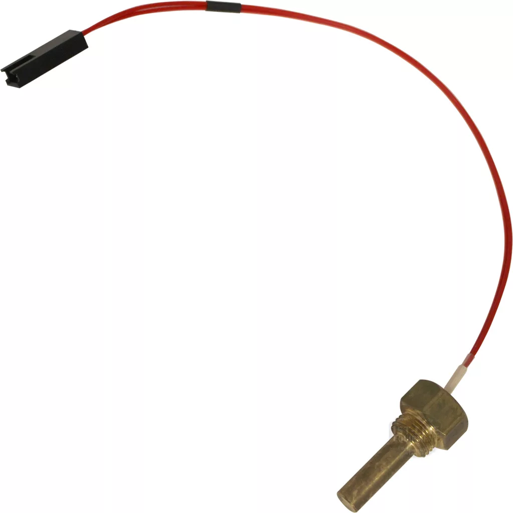 The Lelit 9600020 Temperature Probe / PID Sensor is a brass, threaded sensor with a red wire ending in a black plastic connector, compatible with Lelit machines. © 2025 1st-line.com