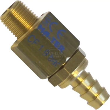 The Lelit 9700014 Safety Valve is a brass hose fitting with a threaded male end and barbed connector, labeled MATER CF 1/4 in blue text, compatible with Lelit machines or safety valve systems for secure connections. © 2025 1st-line.com