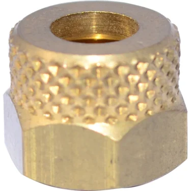 A close-up of a brass knurled nut with textured grip and threaded hole, often used for secure fastening with components like the Grimac MG167/2 Gear 1/8 for Pump Nipple in mechanical or electronic assemblies. © 2025 1st-line.com