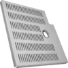 The La Nuova Era NE445A Drip Tray Grill is a rectangular metal plate with parallel slots, a circular hole near one edge, and a side cut-out, designed to fit La Nuova Era machines and resembling a drain or ventilation cover. © 2025 1st-line.com