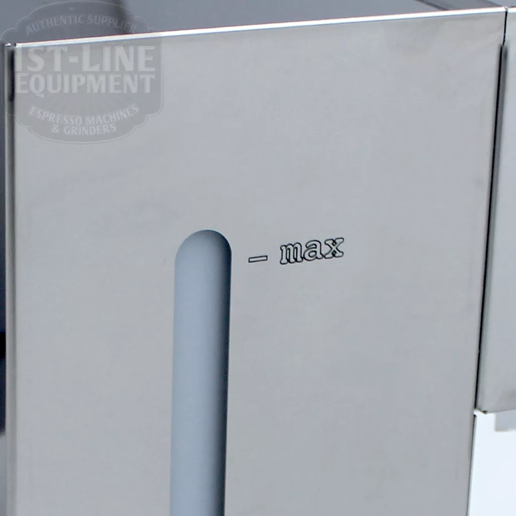 Close-up of the Lelit PL41TEM Anna PID Espresso Machine’s stainless steel water tank, showcasing a horizontal window with engraved text marking the maximum fill line labeled max. © 2025 1st-line.com