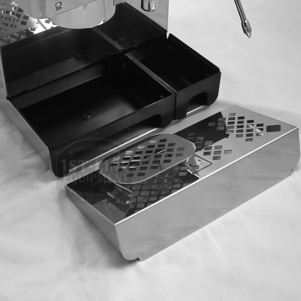 A close-up of the DISCONTINUED Lelit PL60PLUST Diana PID Dual Boiler Espresso Machine with its black drip tray and metal grate removed on a white surface, highlighting its PID system for precise temperature control. © 2025 1st-line.com