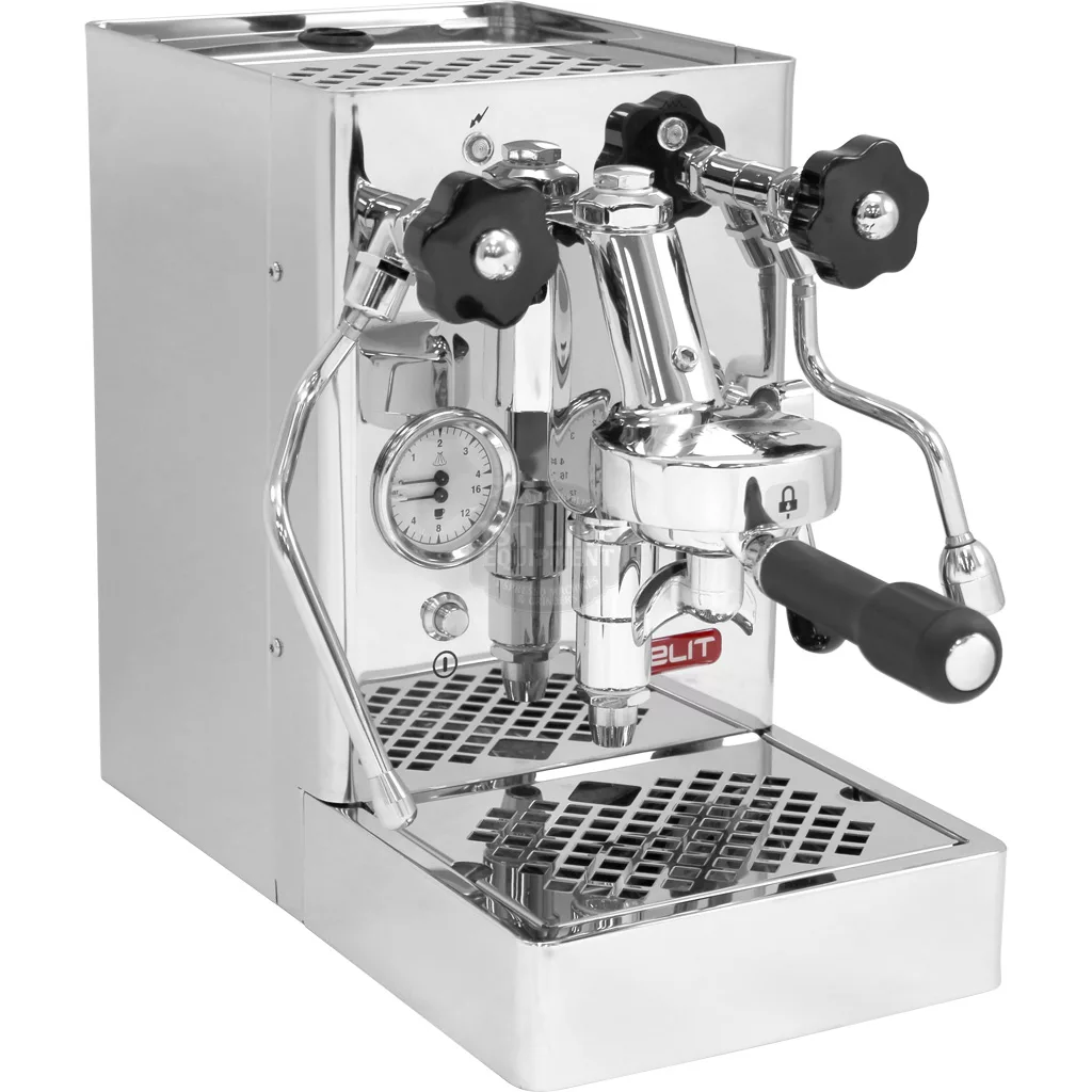 A shiny stainless steel DISCONTINUED Lelit PL62 Mara V2 HX Espresso Machine, with dual gauges and PID sensor in the boiler, two black control knobs, a portafilter handle, and a drip tray on a white background. © 2025 1st-line.com
