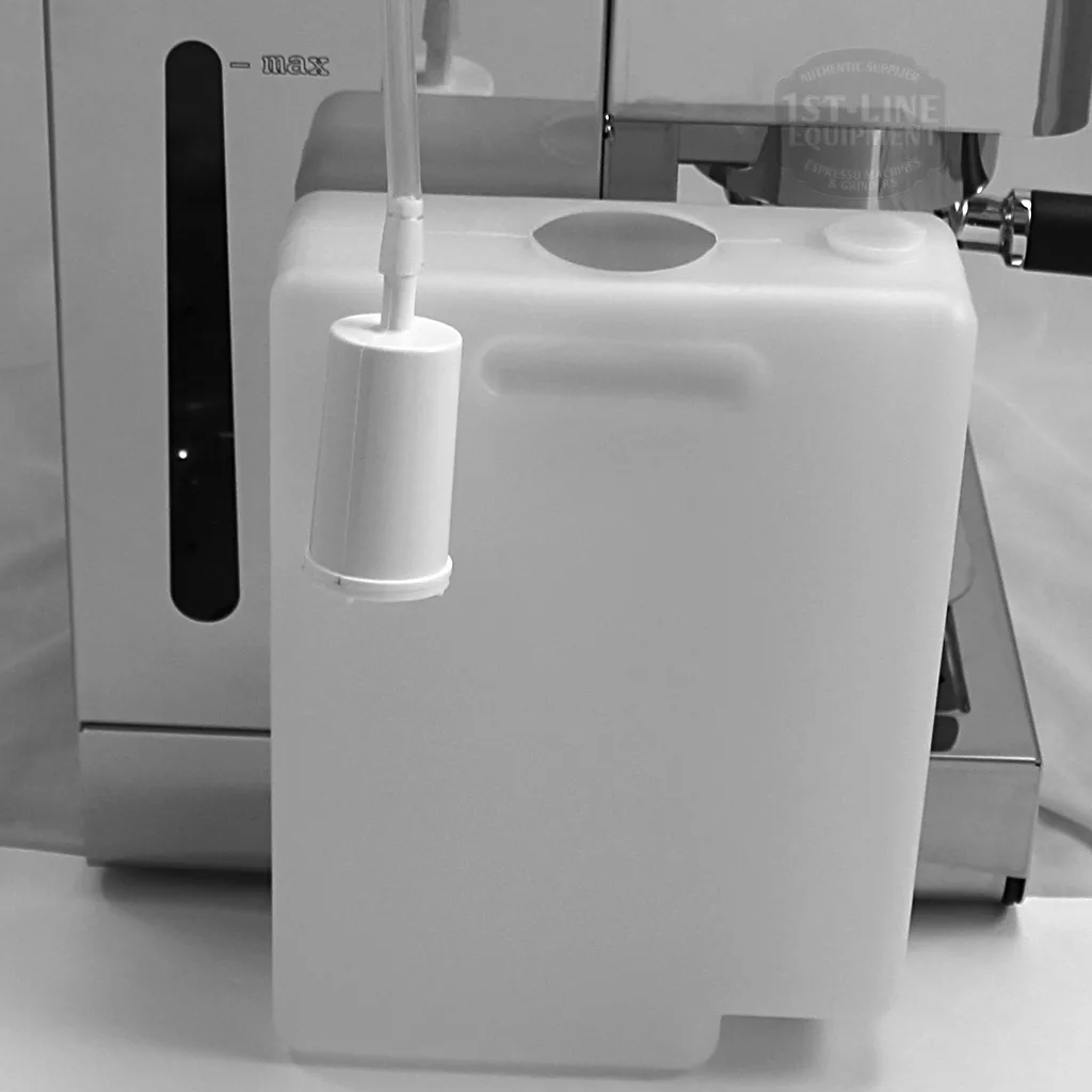 A white plastic water tank with a tube and filter sits beside the DISCONTINUED Lelit PL60PLUST Diana PID Dual Boiler Espresso Machine on a white surface. © 2025 1st-line.com