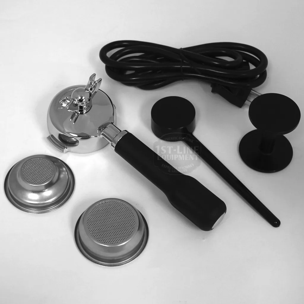 Accessories for the DISCONTINUED Lelit PL60PLUST Diana PID Dual Boiler Espresso Machine—portafilter, two metal filter baskets, black tamper, cleaning brush, and power cord—are shown arranged on a flat surface. © 2025 1st-line.com