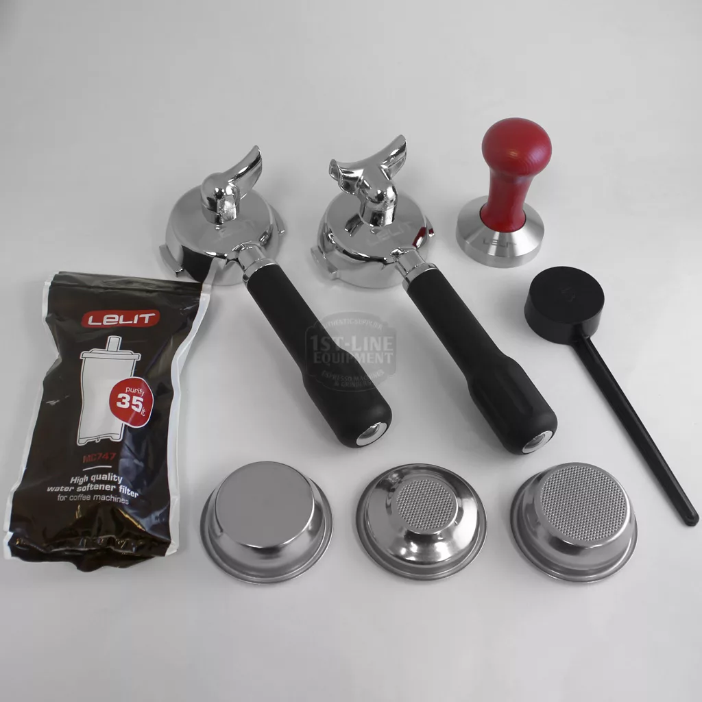 Espresso machine accessories for the DISCONTINUED Lelit PL62 Mara V2 HX Espresso Machine (with PID sensor), displayed on a white surface with two portafilters, red tamper, coffee pack, black scoop, and three filter baskets. © 2025 1st-line.com