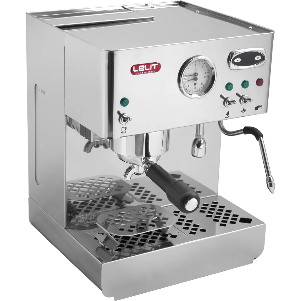 The DISCONTINUED Lelit PL60PLUST Diana PID Dual Boiler Espresso Machine features stainless steel construction, a portafilter, steam wand, pressure gauge, PID control, switches, indicator lights, and a red Lelit logo on the front. © 2025 1st-line.com
