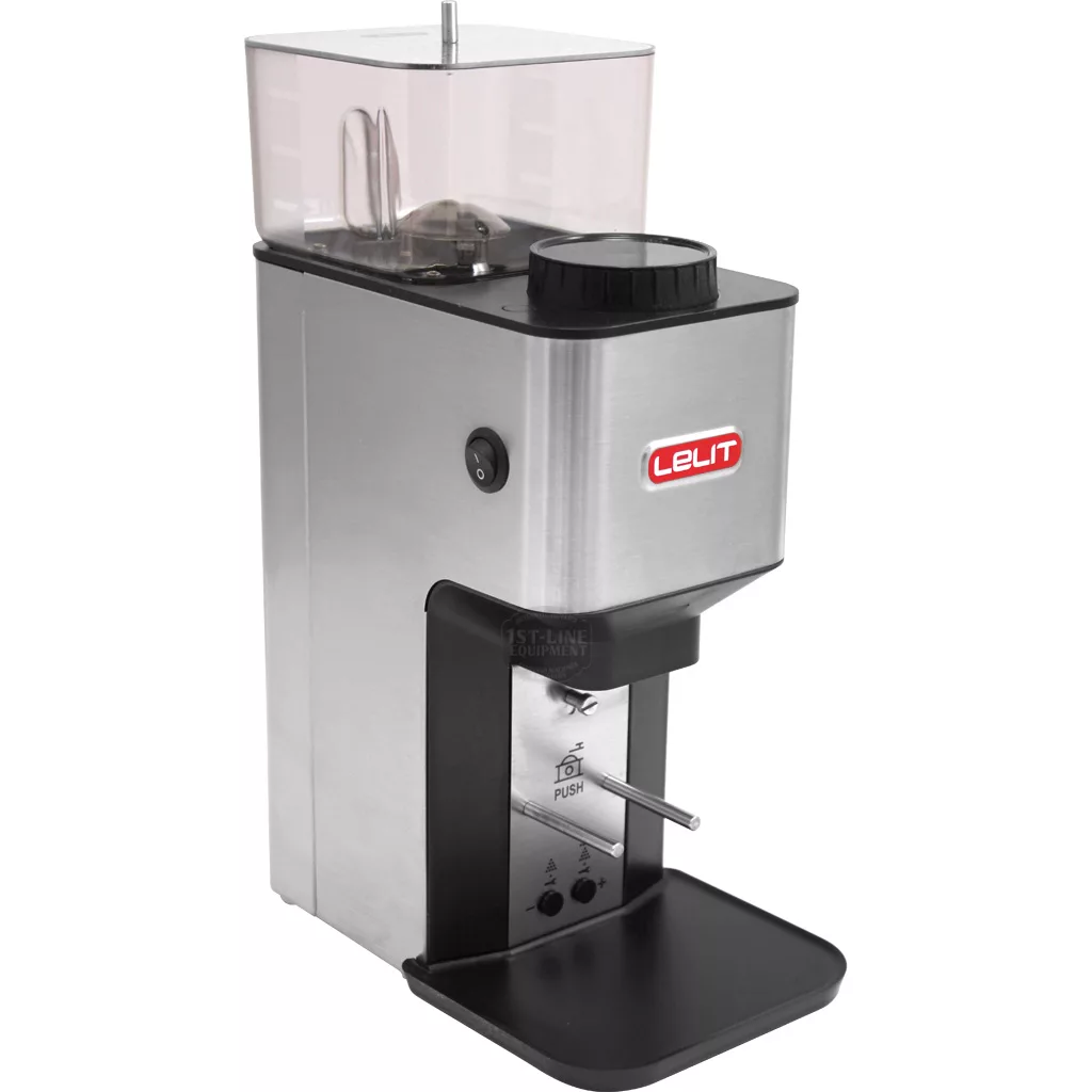 The DISCONTINUED Lelit PL71 William Espresso Coffee Grinder has a stainless steel body, transparent bean hopper, red Lelit logo on the front, black control knobs, and a sturdy metal portafilter holder and tray at the base. © 2025 1st-line.com