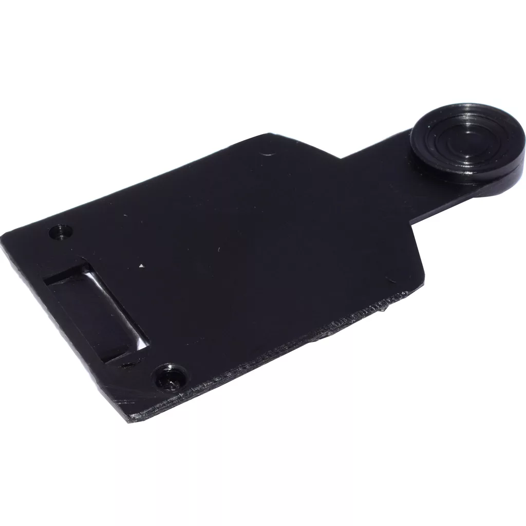 A black metal bottle opener with a flat rectangular base and circular end is shown on a white background. For added convenience, pair it with the Quamar 160063 Bean Hopper Stopper, which is compatible with Quamar accessories. © 2025 1st-line.com