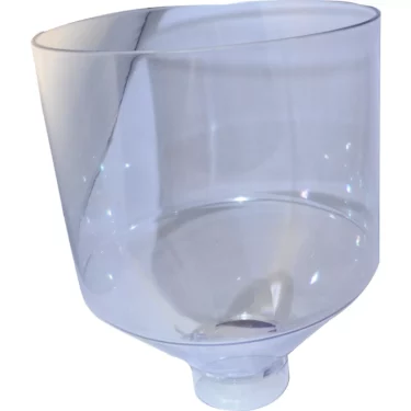A clear plastic funnel with a wide, oval top and narrow spout—perfect for pouring into small containers or attaching to the Quamar Bean Hopper - T48. © 2025 1st-line.com