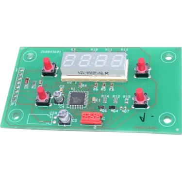 A green circuit board with a Quamar Display - M80 old version (4-digit seven-segment), four red push buttons, microchip, capacitors, resistors, and connectors. © 2025 1st-line.com