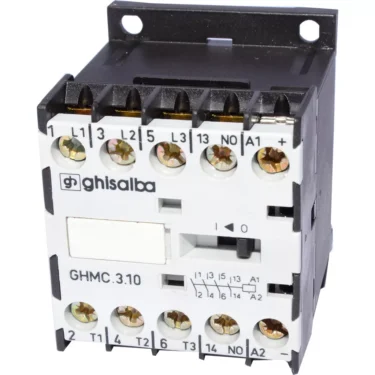 A Quamar 210035 Contactor (110V) with labeled terminals and screws, designed for switching 110V circuits. Shown against a white background. Suitable for Quamar and other electrical applications. © 2025 1st-line.com