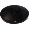A shiny, round, black plastic Quamar 160081 Bean Hopper Lid - T48 with a central indentation is photographed against a plain white background. © 2025 1st-line.com