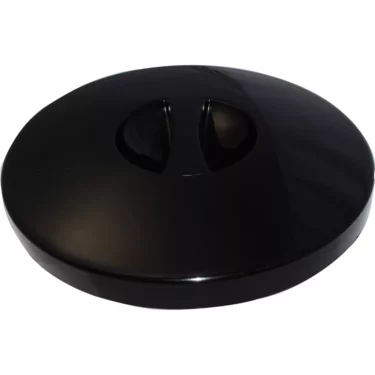 A shiny, round, black plastic Quamar 160081 Bean Hopper Lid - T48 with a central indentation is photographed against a plain white background. © 2025 1st-line.com