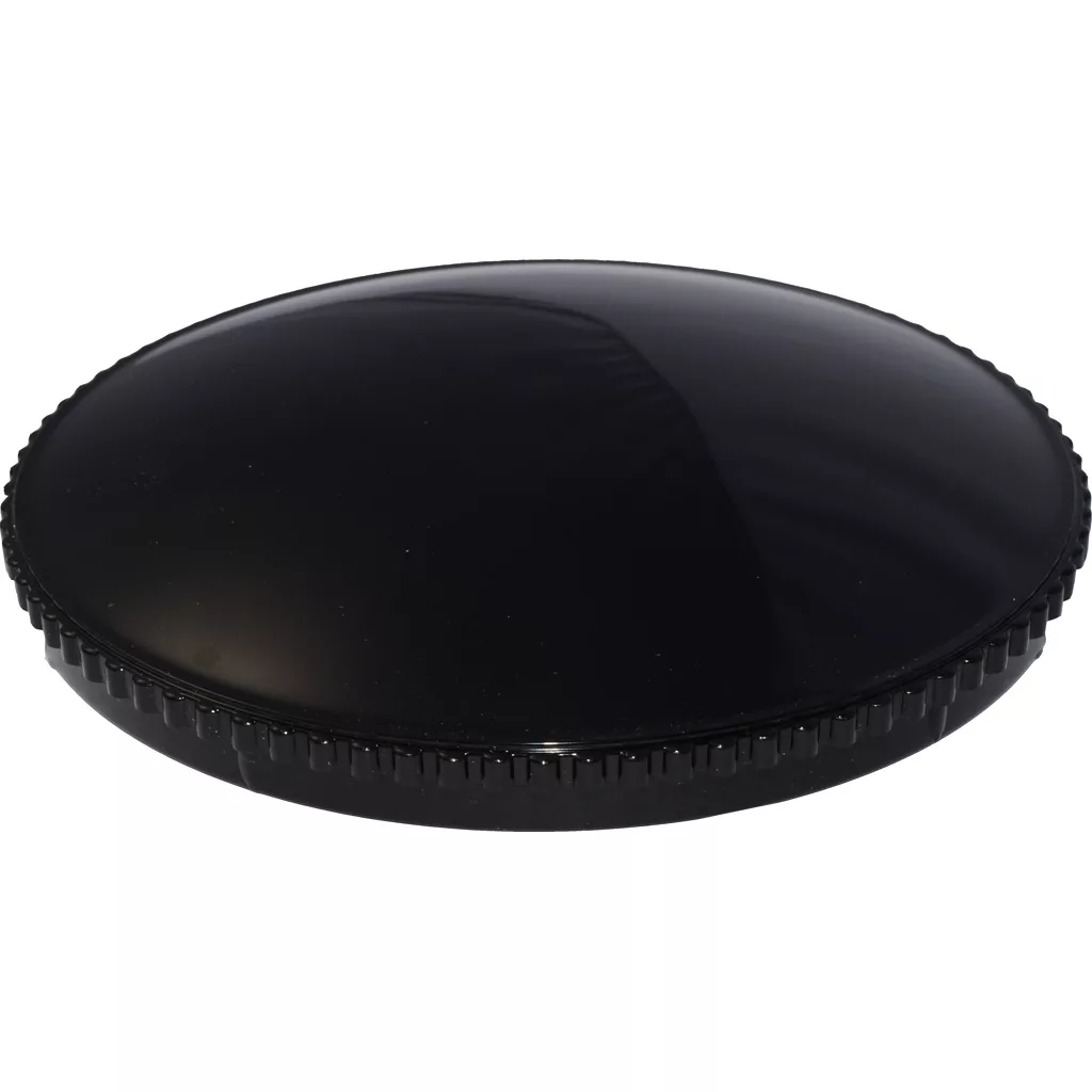 The Quamar 160078 Doser Cover - T48 is a black, round plastic lid with a slightly domed top and textured edges, displayed against a white background. © 2025 1st-line.com