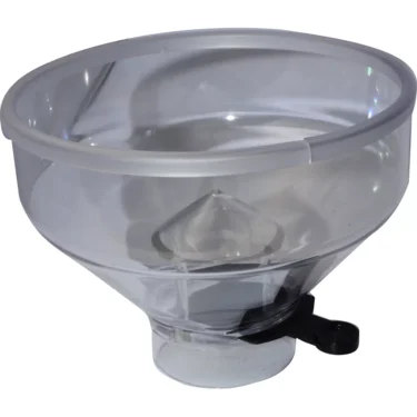 The Quamar 160084 Short Bean Hopper is a clear plastic funnel with a wide top, narrow spout at the base, and a small black side lever near the bottom. © 2025 1st-line.com