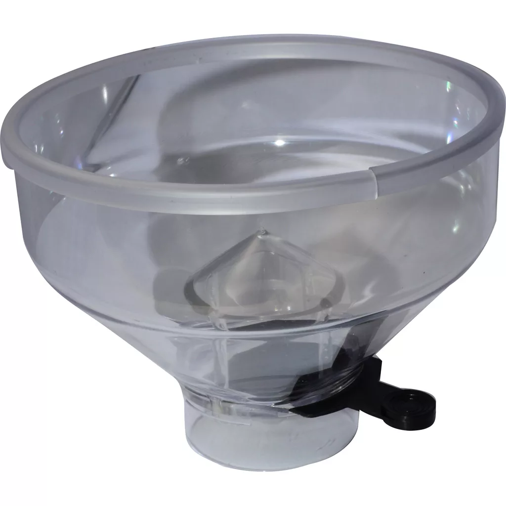 The Quamar 160084 Short Bean Hopper is a clear plastic funnel with a wide top, narrow spout at the base, and a small black side lever near the bottom. © 2025 1st-line.com