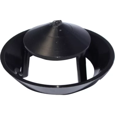 The Quamar Hopper Fingerguard / Cone - T48 is a black plastic drain cover with a circular base and three legs, designed to prevent debris from clogging drains. © 2025 1st-line.com