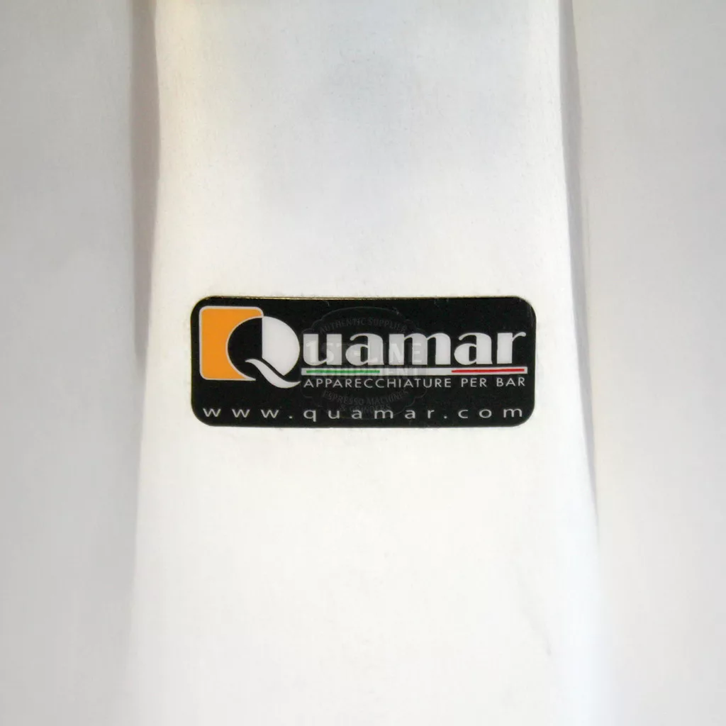 A close-up of the Quamar logo label with Apparecchiature per Bar and www.quamar.com on white—ideal for highlighting premium grinders like the REDIRECTED Quamar Q50 Commercial Doserless Espresso Coffee Grinder, electronic, chrome. © 2025 1st-line.com