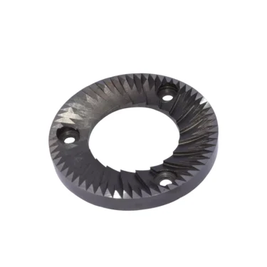 The Quamar 260003 83mm Flat Grinding Burrs (set of 2) feature sharp, angled teeth and three screw holes, ideal for upgrading or replacing burr sets in coffee grinders. Shown is a round, dark metal design on a white background. © 2025 1st-line.com