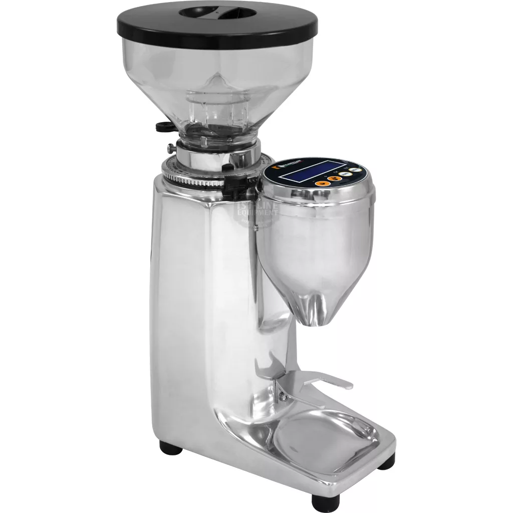 The REDIRECTED Quamar Q50 Commercial Doserless Espresso Coffee Grinder - electronic, chrome, features a digital display with buttons, a transparent bean hopper, and a durable design for convenient countertop use. © 2025 1st-line.com