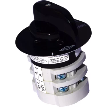 A close-up of the Mazzer S000INA13 2-Pole Rotative Switch & Auxiliary Phase shows labeled terminals, screws, a large black knob on top, and technical details partially visible on the side label. © 2025 1st-line.com