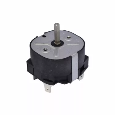 A compact black and silver electric motor with a central shaft and three prongs, compatible with the Mazzer S000INA02 2 Pole Time Switch, shown against a white background. © 2025 1st-line.com