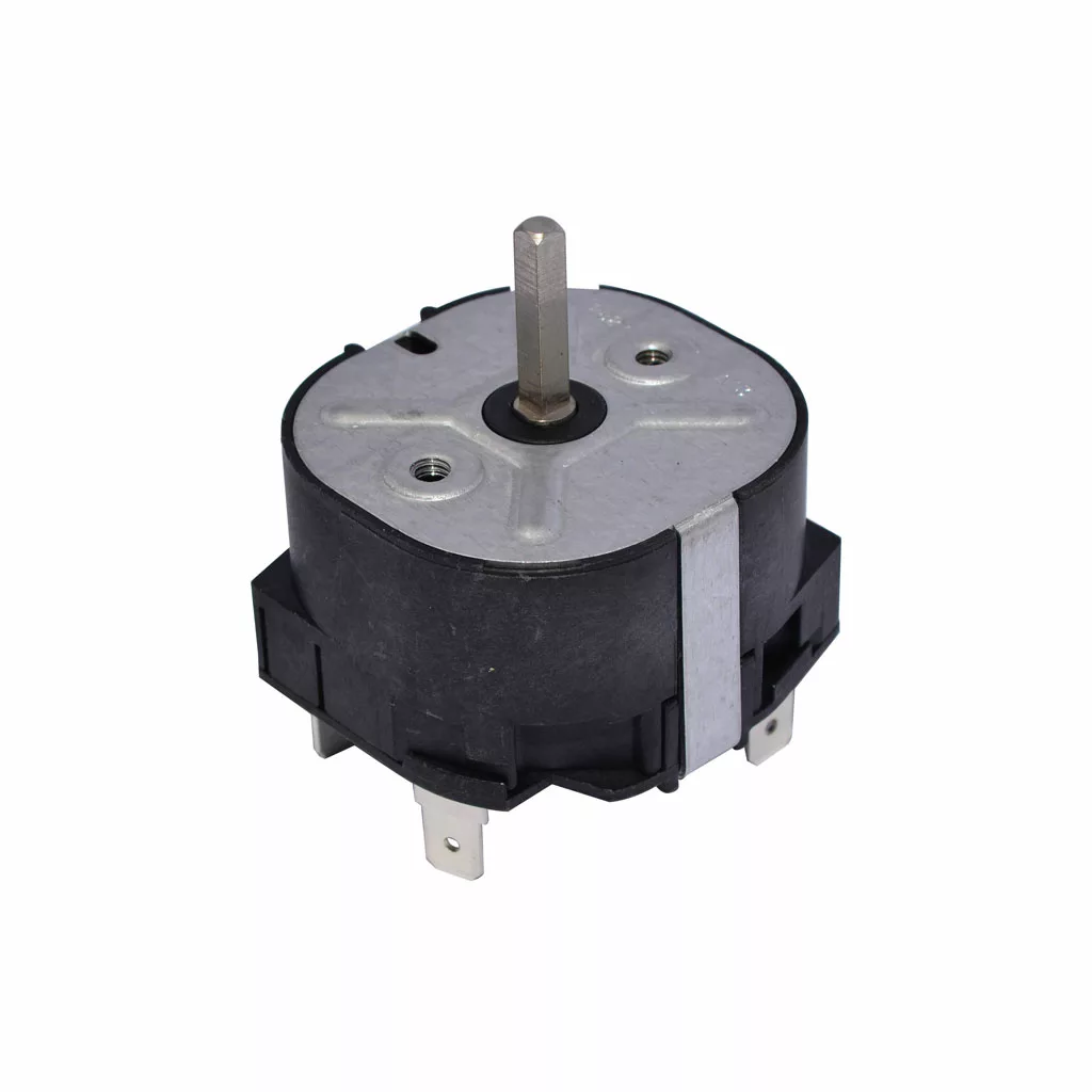 A compact black and silver electric motor with a central shaft and three prongs, compatible with the Mazzer S000INA02 2 Pole Time Switch, shown against a white background. © 2025 1st-line.com