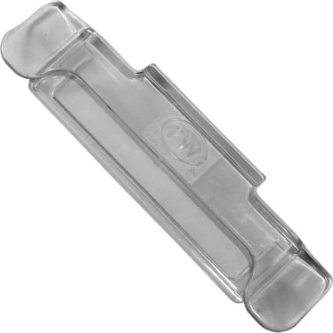 Clear plastic label holder with rounded ends, a raised center, and “FW” embossed in a circle. Photographed on a white background. Product: Rattleware 83010-12 Clear Plastic Label Holders. © 2025 1st-line.com