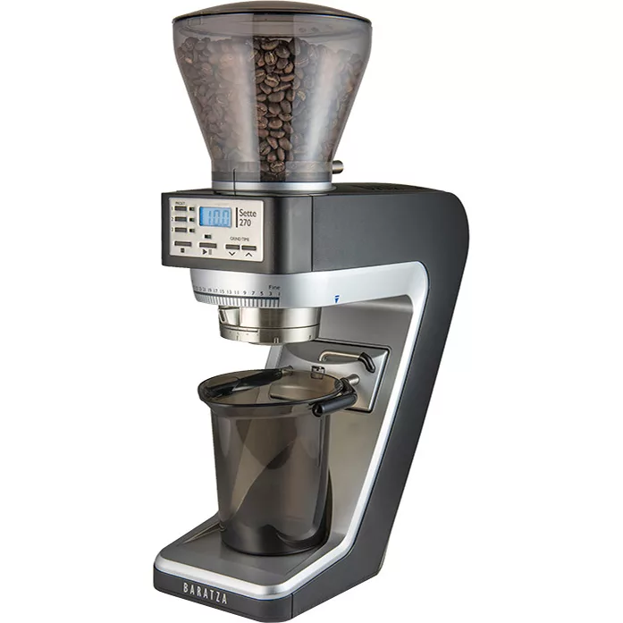 The Baratza Sette 270 Coffee Grinder in black and silver has a clear bean hopper, digital display, control buttons, and a plastic grounds container—ideal for precise, consistent coffee grinds. © 2025 1st-line.com