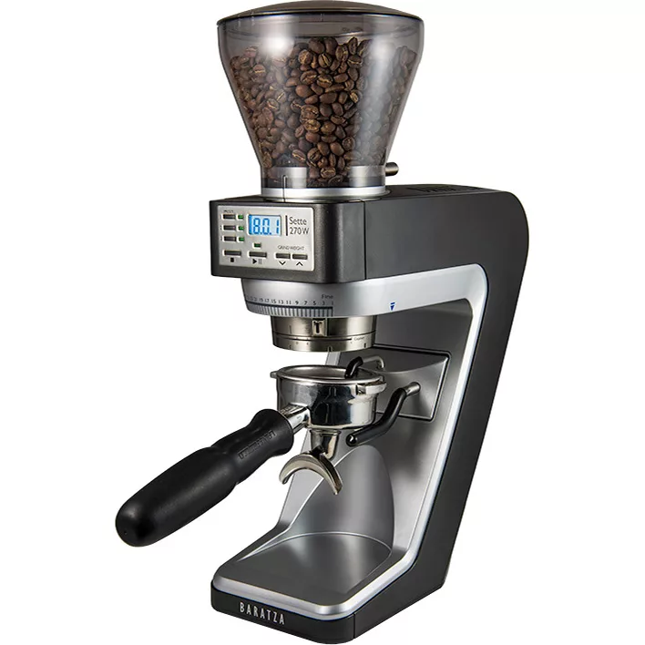 The DISCONTINUED Baratza Sette 270W Weight Coffee Grinder in black and silver features a digital display, portafilter holder, and Baratza logo at the base—ideal for precise espresso brewing with coffee beans. © 2025 1st-line.com