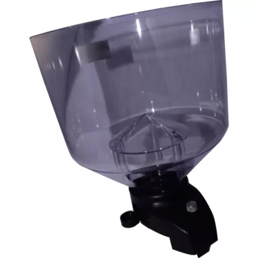 The Mazzer Complete Bean Hopper for Robur and New Major is a transparent plastic hopper with a wide top, narrow base, black attachment, and adjustment knob—ideal for dispensing coffee beans or grains. © 2025 1st-line.com