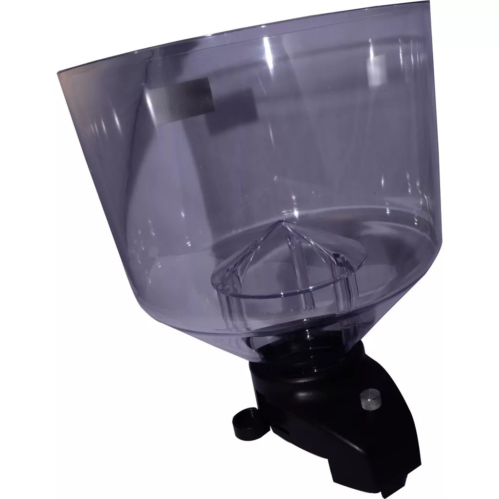 The Mazzer Complete Bean Hopper for Robur and New Major is a transparent plastic hopper with a wide top, narrow base, black attachment, and adjustment knob—ideal for dispensing coffee beans or grains. © 2025 1st-line.com