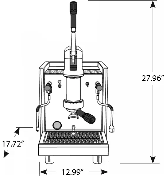 Black and white diagram of the Bezzera Strega TOP V2 Espresso Machine featuring a lever handle, steam/hot water wands, and drip tray. Dimensions: 27.96" tall, 17.72" deep, 12.99" wide. Ideal for TOP V2 enthusiasts.