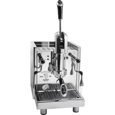 The Bezzera Strega TOP V2 Espresso Machine features a shiny stainless steel body, lever handle, steam wand, and a front pressure gauge labeled Strega Bezzera Milano Italy. © 2025 1st-line.com