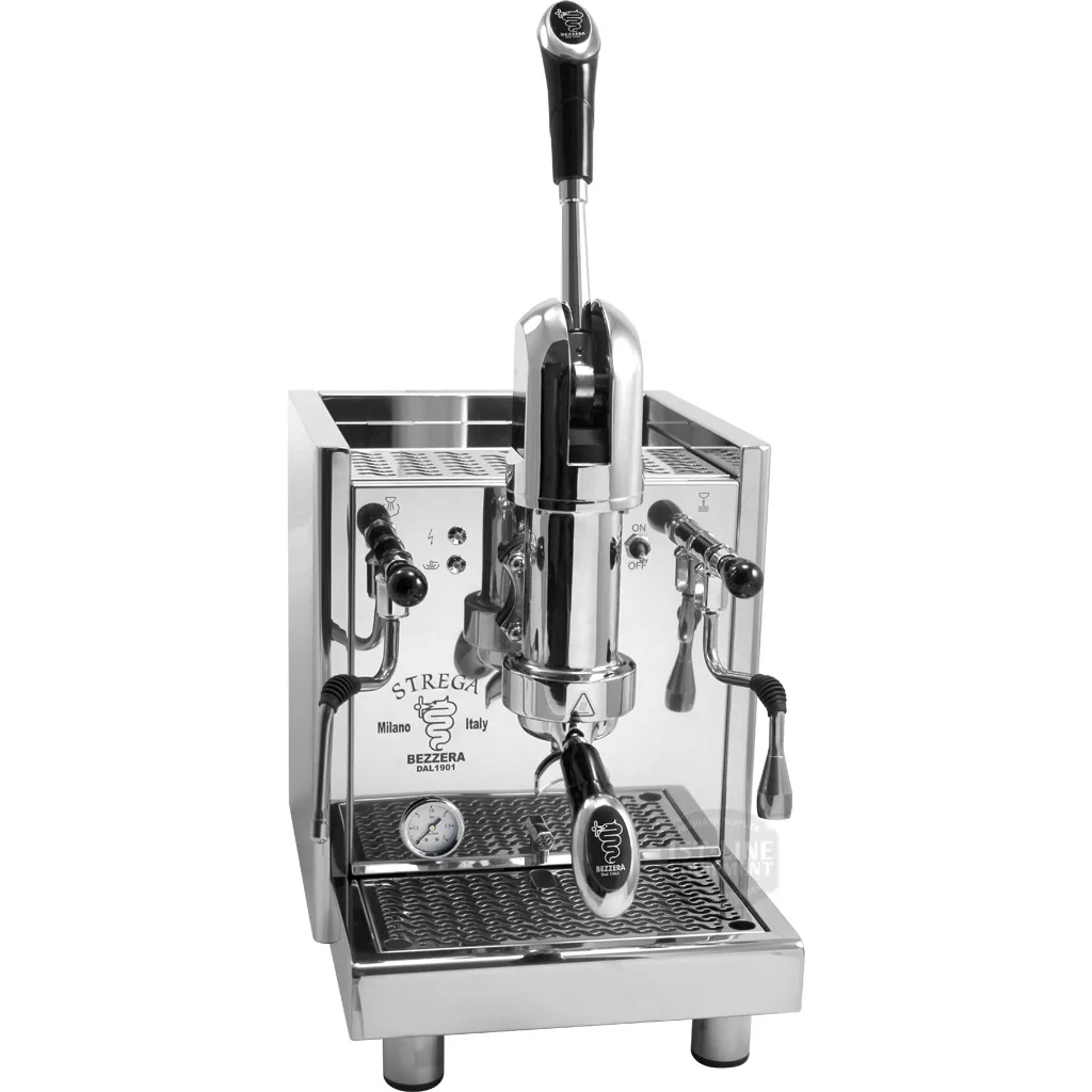 The Bezzera Strega TOP V2 Espresso Machine features a shiny stainless steel body, lever handle, steam wand, and a front pressure gauge labeled Strega Bezzera Milano Italy. © 2025 1st-line.com