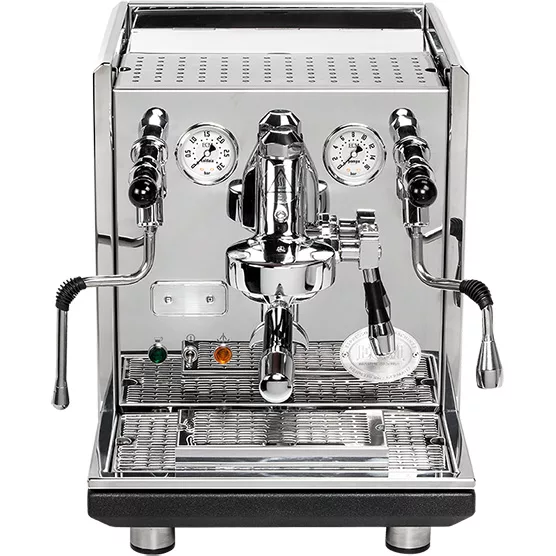 The DISCONTINUED ECM Synchronika Dual Boiler Espresso Machine - PID, Switchable, with gauges, levers, steam wand, and hot water spout stands on a drip tray with cup platform as seen from the front. © 2025 1st-line.com