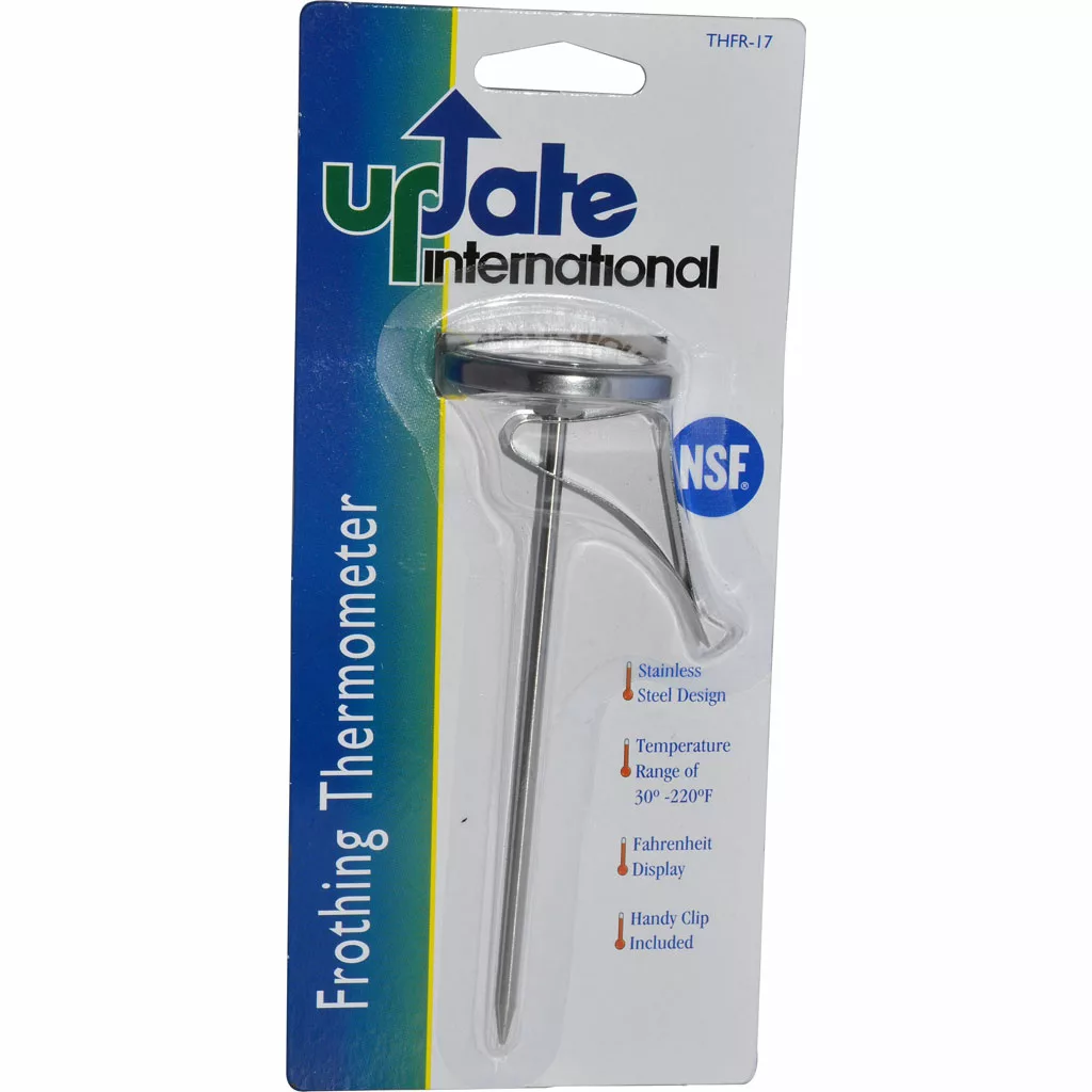 A packaged DISCONTINUED Update International Frothing Thermometer with 1.75 dial, clip, 30/220°F range, stainless steel probe, Fahrenheit display, and NSF listed certification. Packaging notes its certification and temperature range. © 2025 1st-line.com