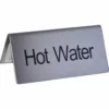 The Update International Hot Water Tent Sign is a silver metallic sign with bold black Hot Water text, designed to stand upright on flat surfaces. © 2025 1st-line.com